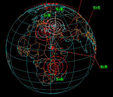 Real-time 3D display of global earthquakes.